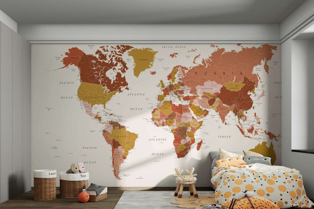 World Map Wall Mural in calming earth tones

