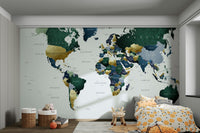 Green and blue wall mural showcasing world map

