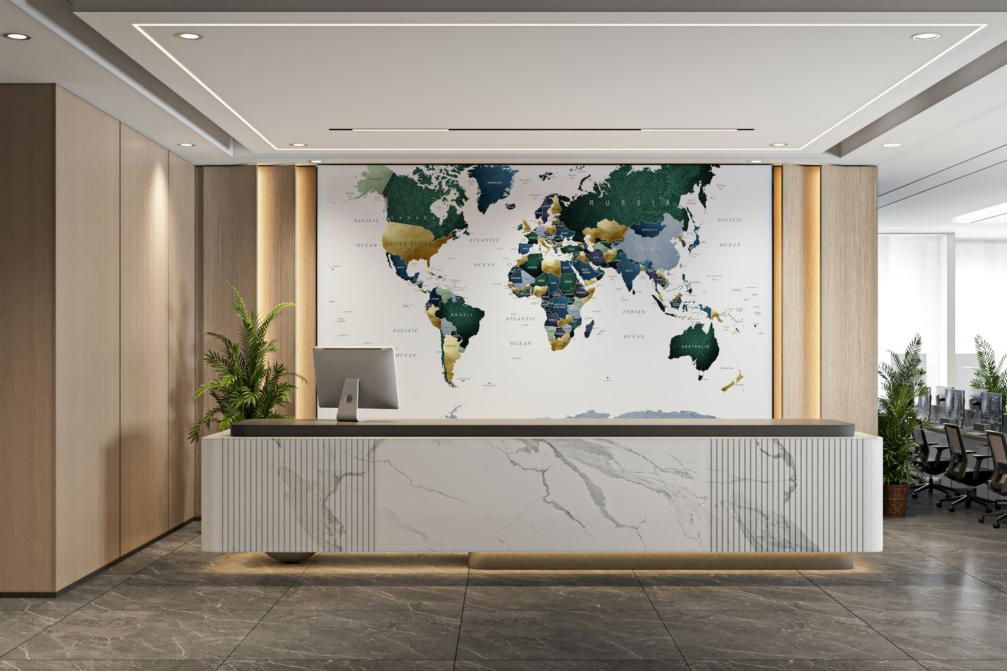 Beautiful green and blue world map wall art

