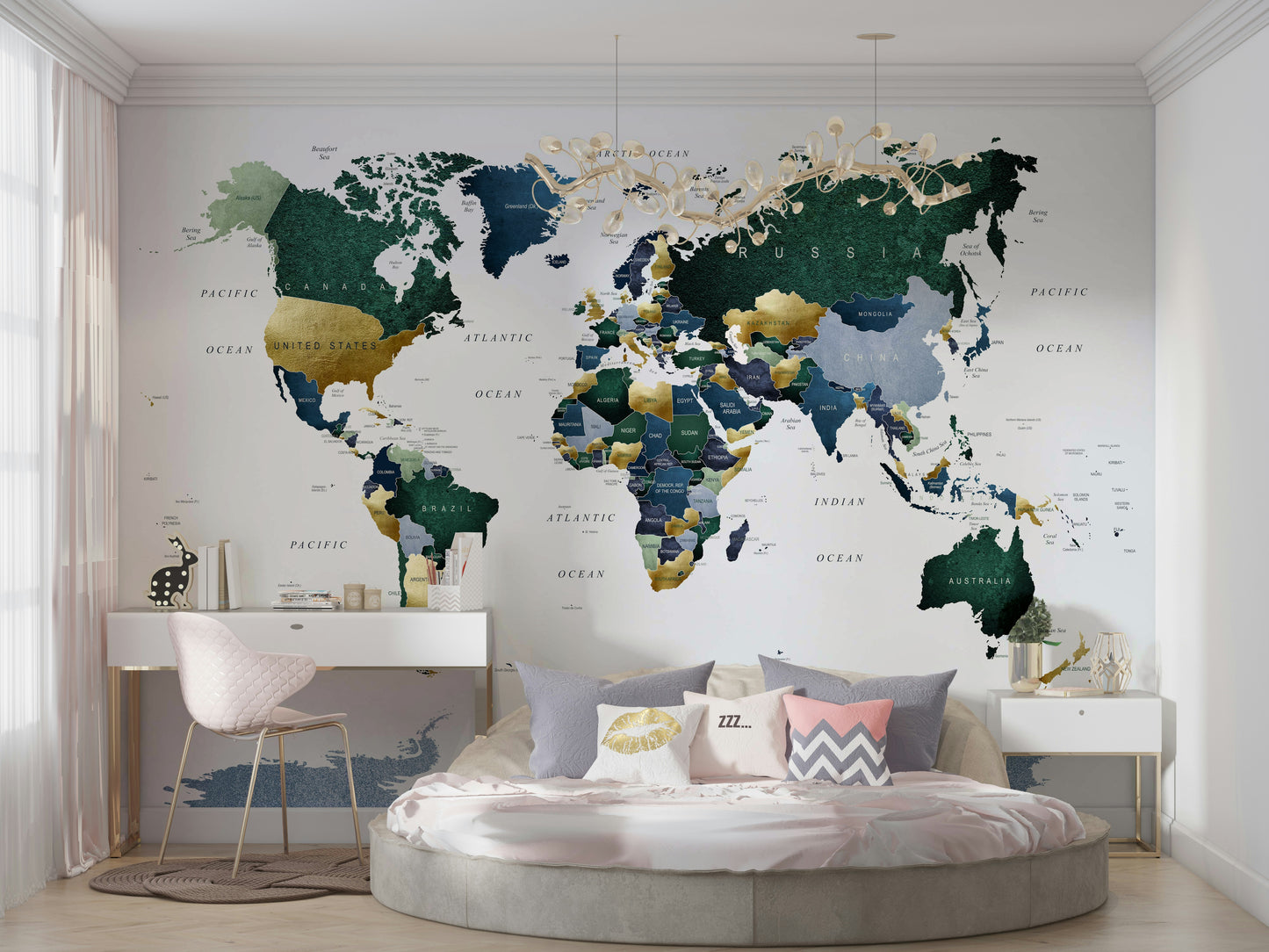 Vibrant green and blue world map mural for walls

