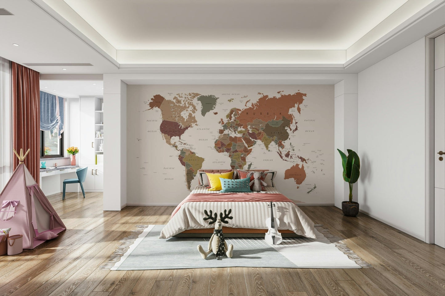 World map wall mural in rustic colors

