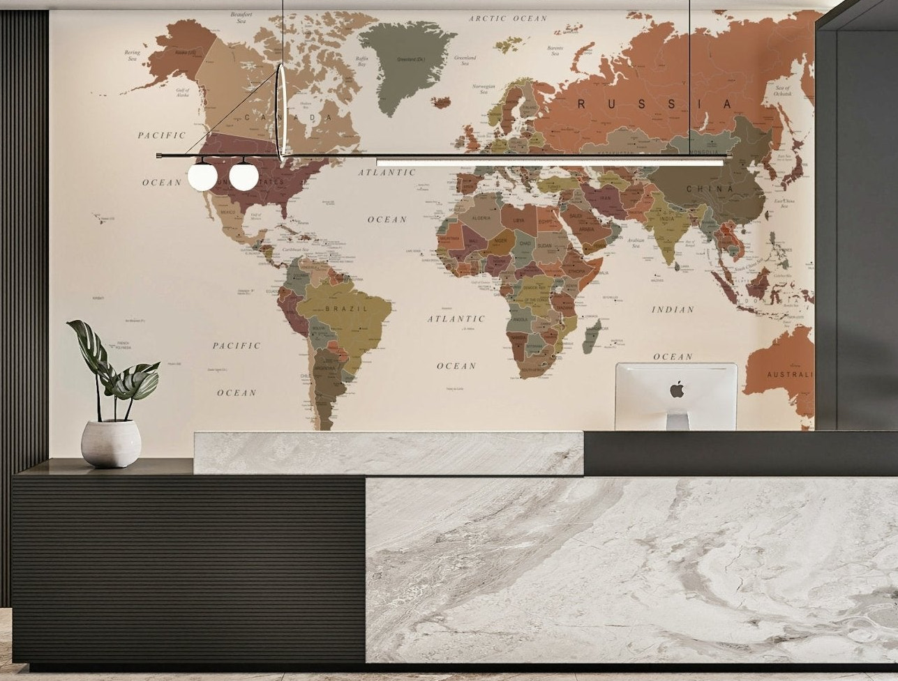 Travel theme mural in earthy hues

