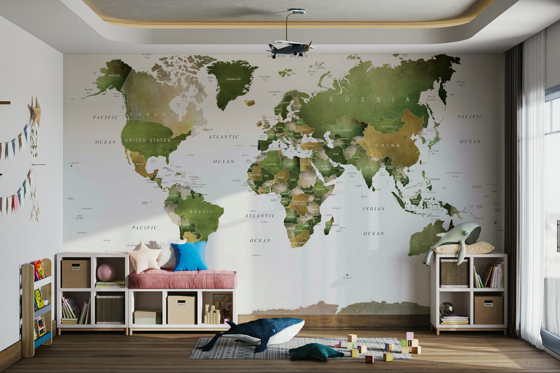 Geographical world map design in green hues

