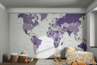 World map mural with purple color scheme

