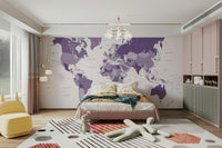 Modern world map in purple mural for walls

