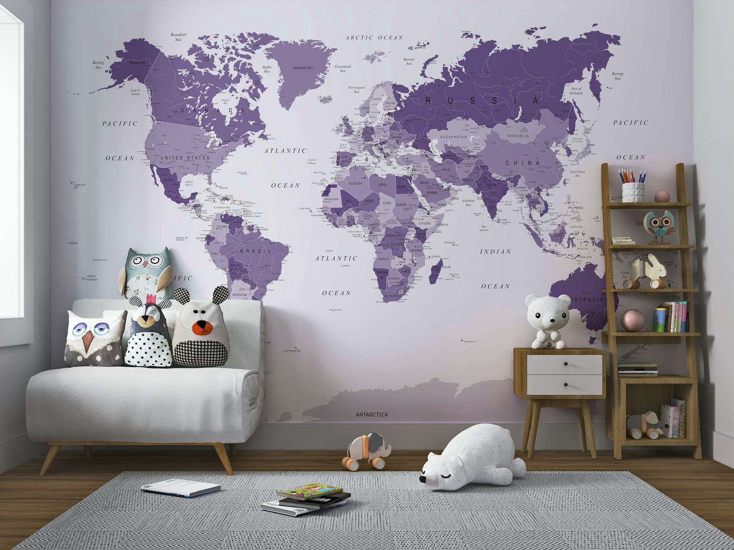 Elegant world map design in vibrant purple

