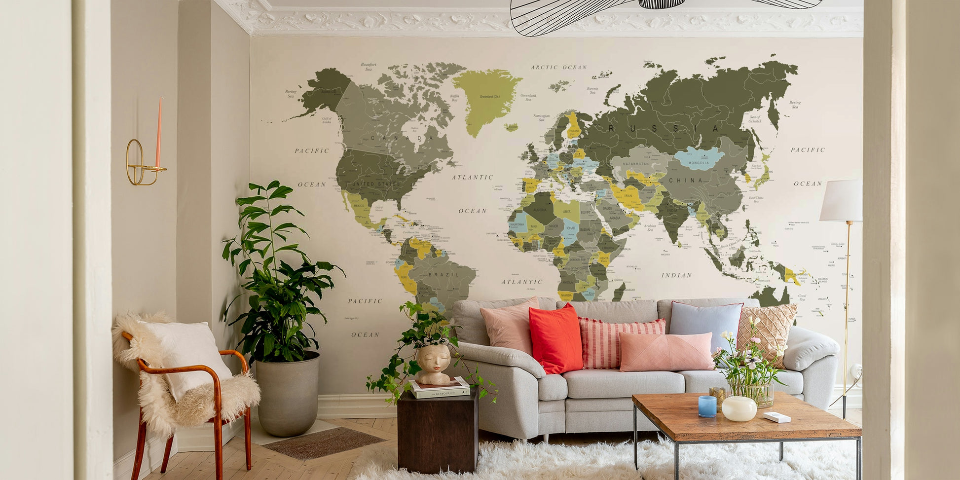 Earthy olive green world map mural for décor

