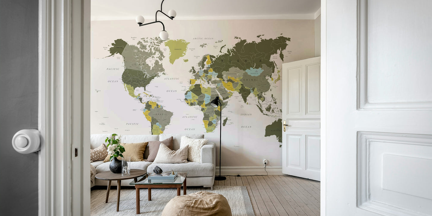 World map design with olive green accents

