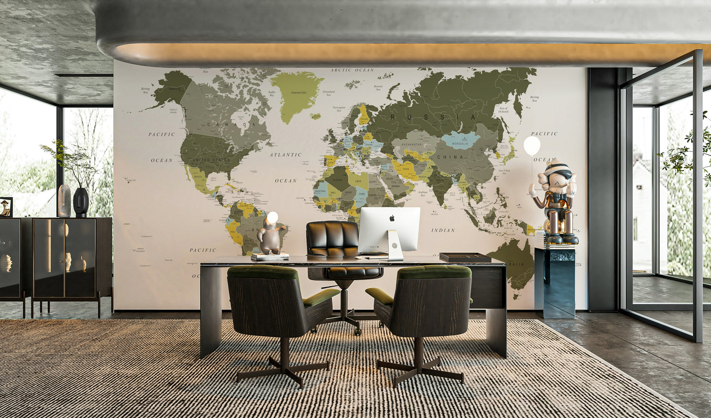 Geographical world map in olive green hues

