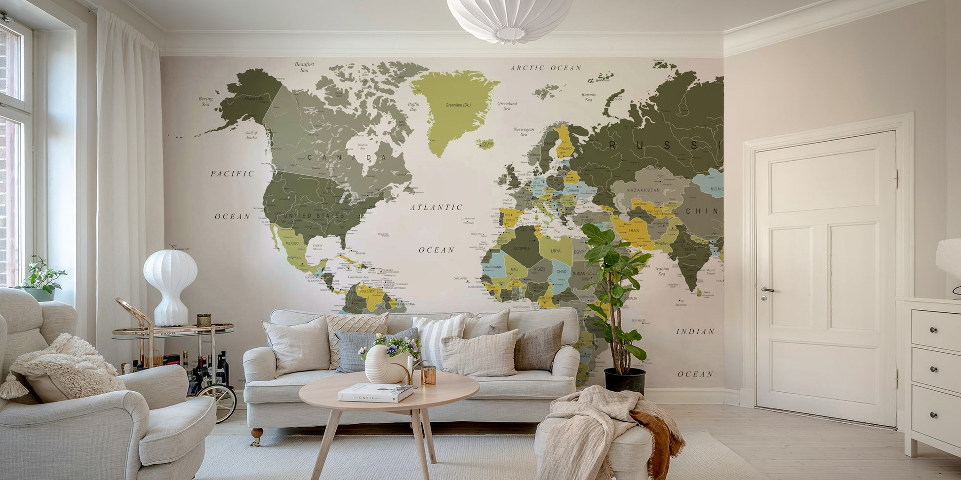 World map mural in earthy olive green tones

