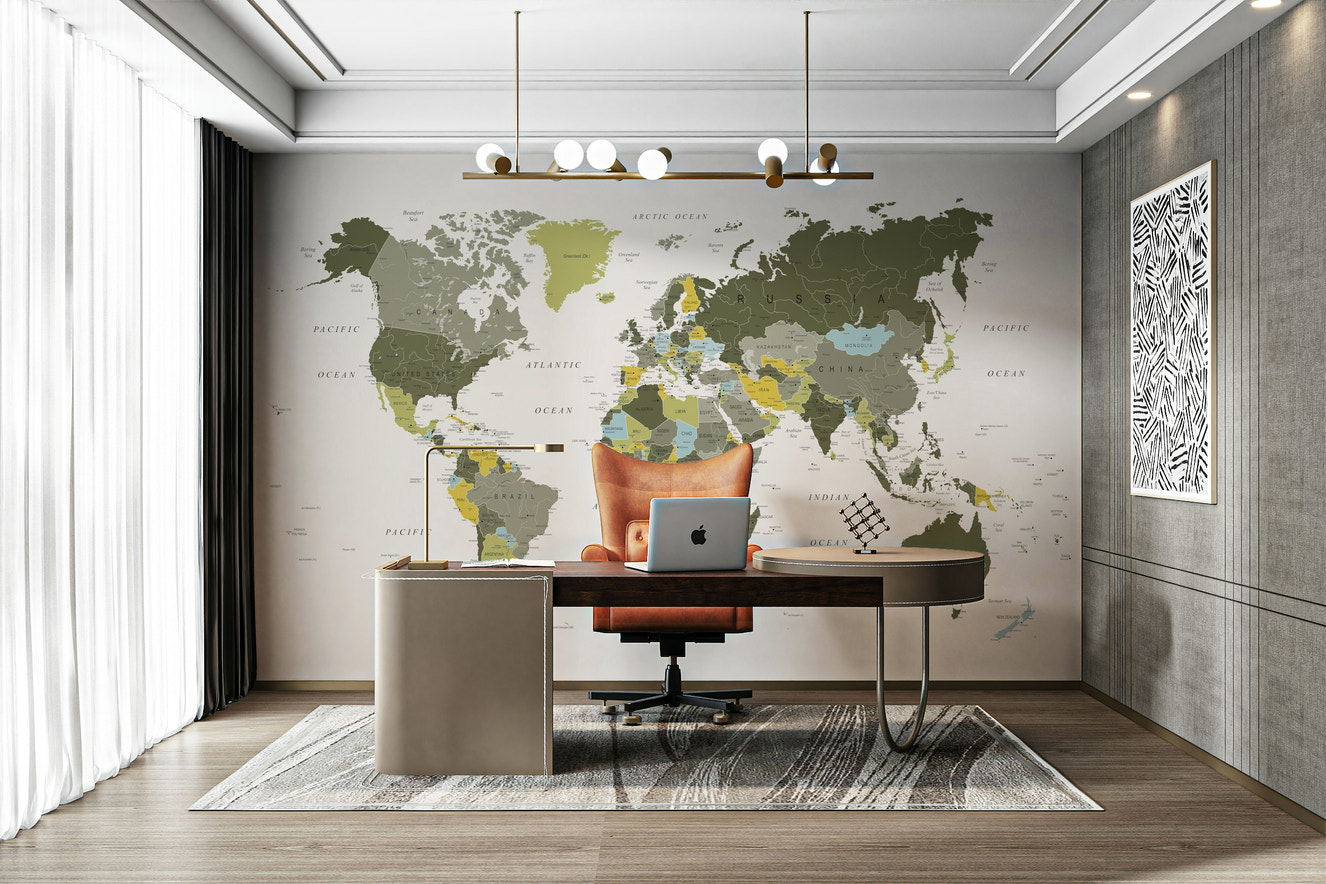 Olive green world map wall mural design

