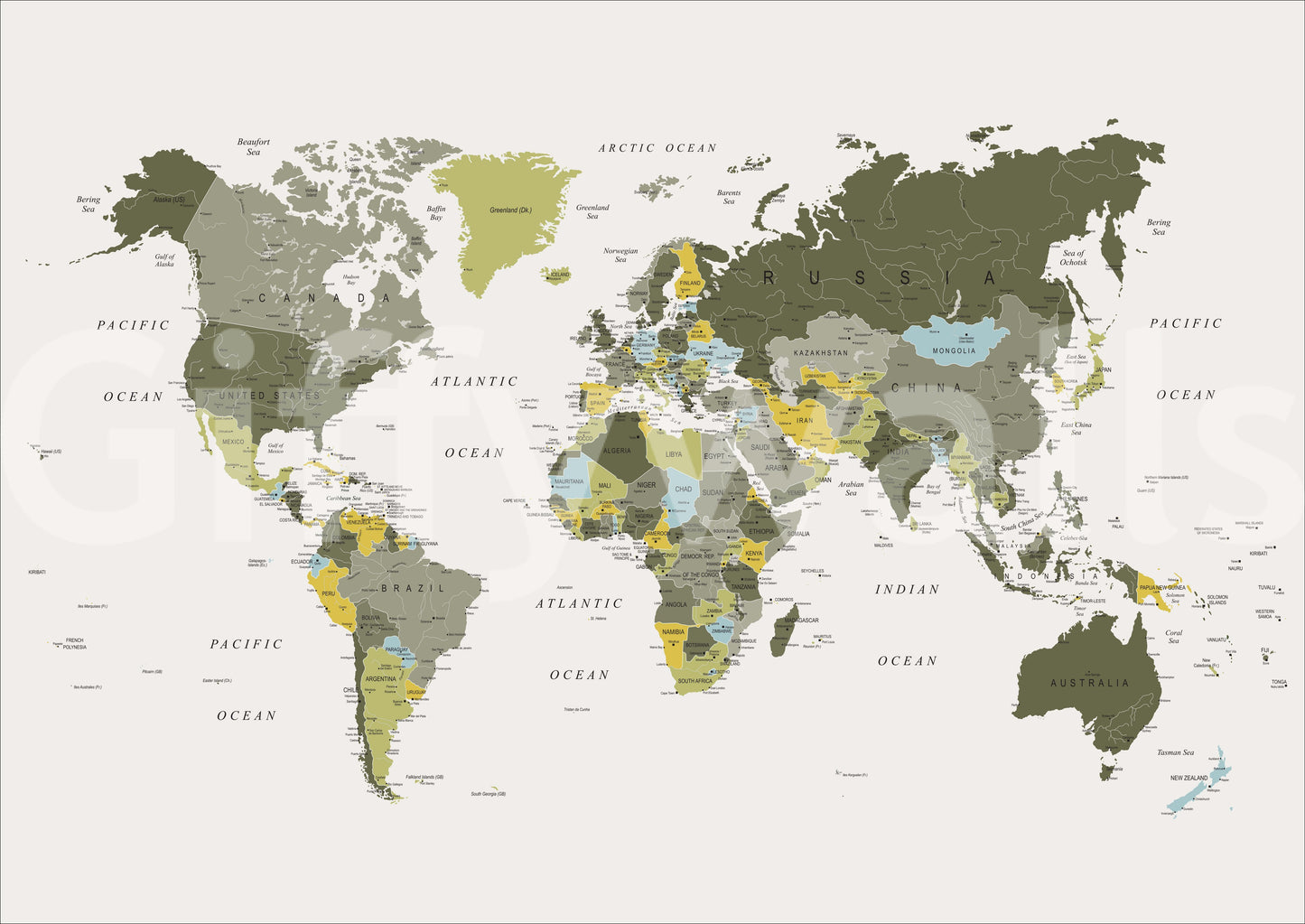 Verdenskort khaki grønt vægmaleri
