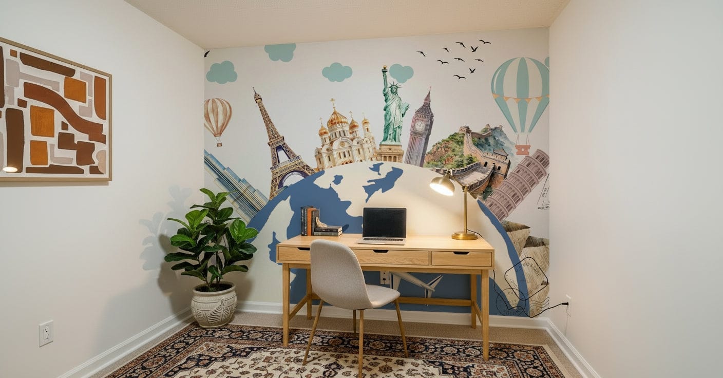 Neutral colored world map for a professional conference room wall decor.