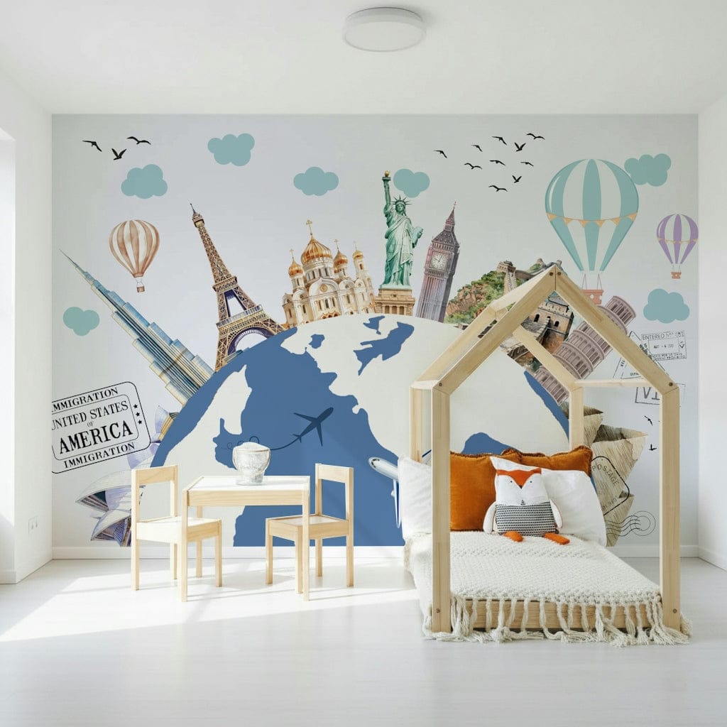 Large world map wall decor for a contemporary apartment living room.