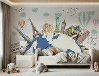 Educational world map wallpaper for a minimalist home school area.