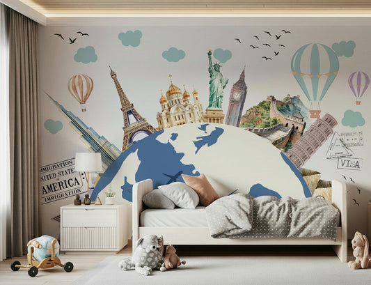 Educational world map wallpaper for a minimalist home school area.