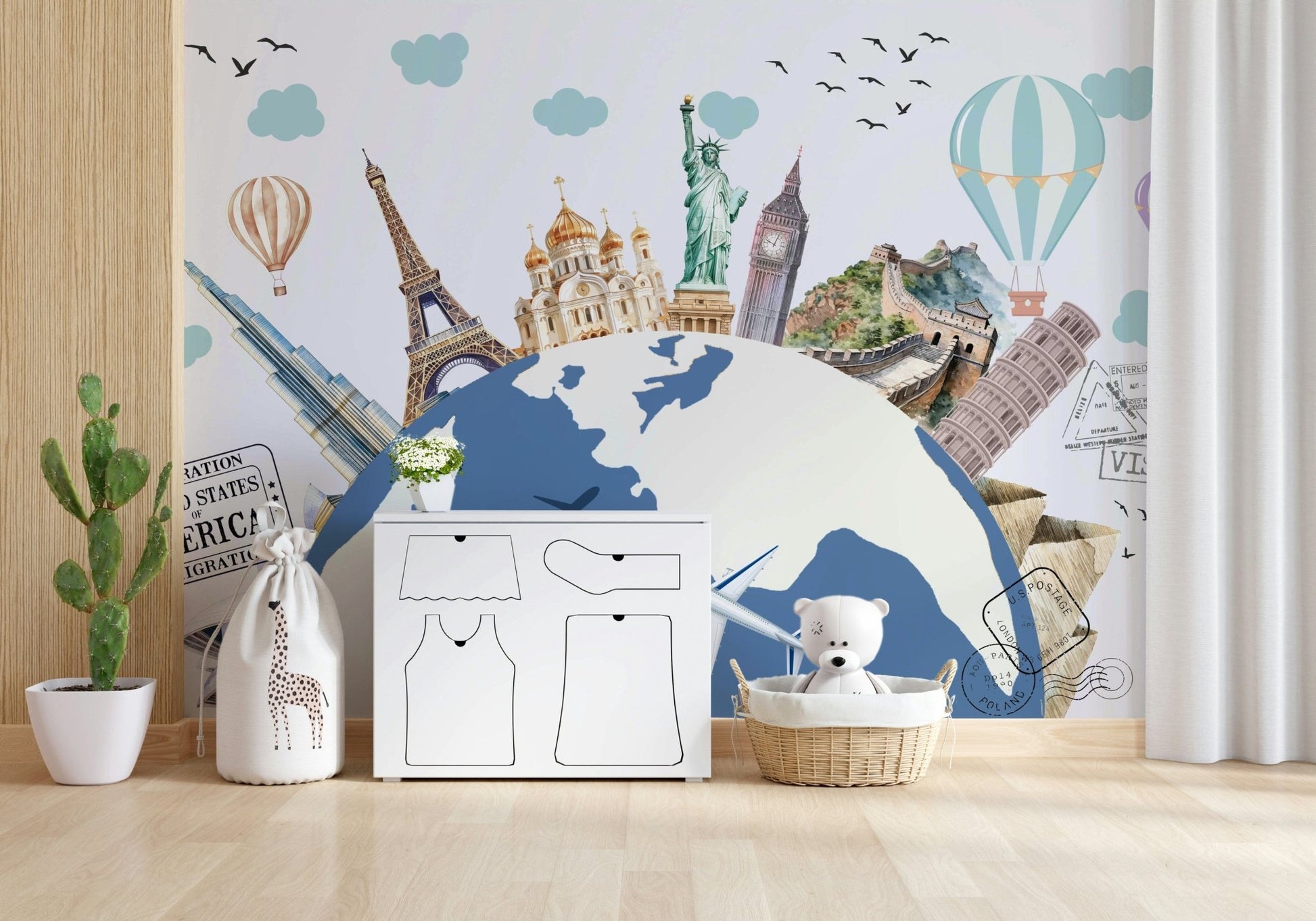 World Tour Wall Mural behind a leather sofa in an industrial style loft.