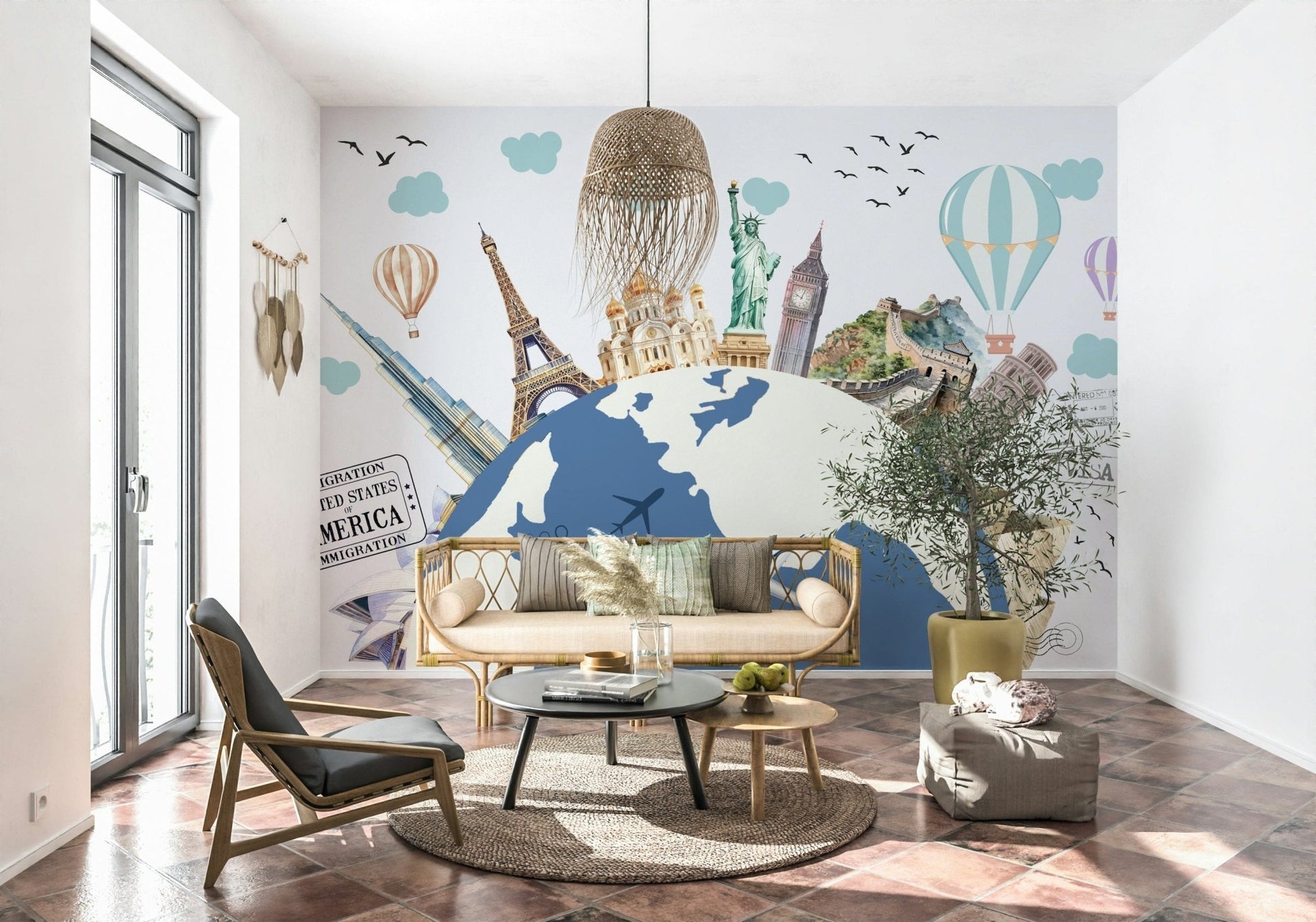 World Tour design with sepia tones on a feature wall in a master bedroom.
