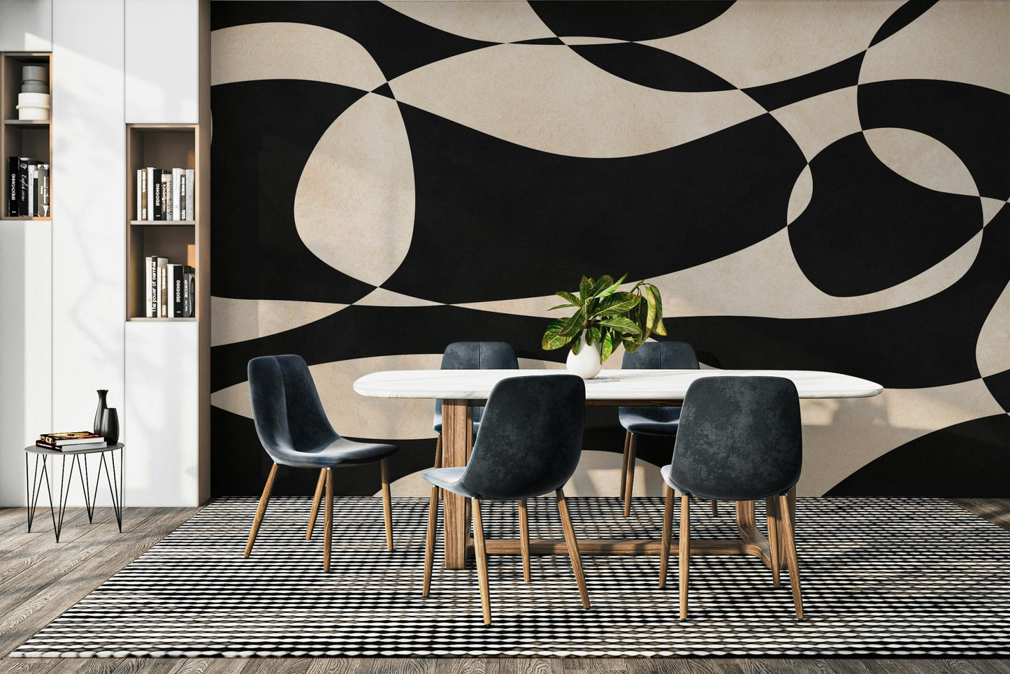 The room's lighting highlights the serene, quiet feel of the mural.

