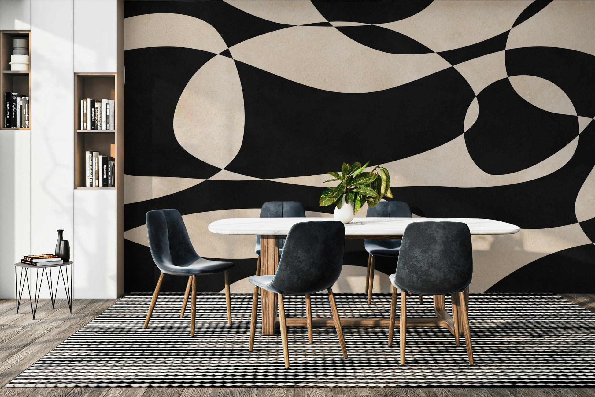 The room's lighting highlights the serene, quiet feel of the mural.

