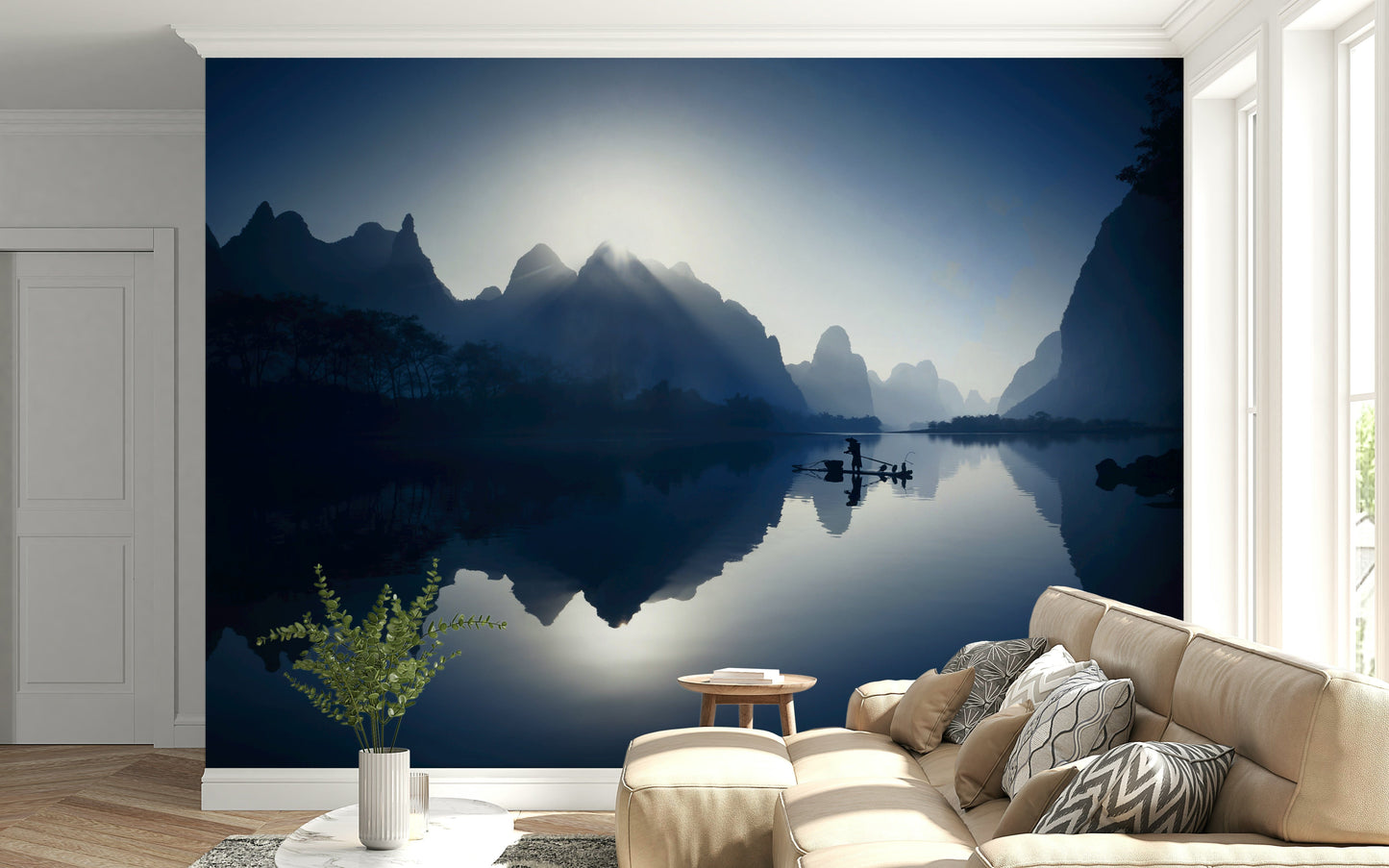 Serene Dawn Yangshuo's Whisper Wall Mural in entryway, modern console, muted tones