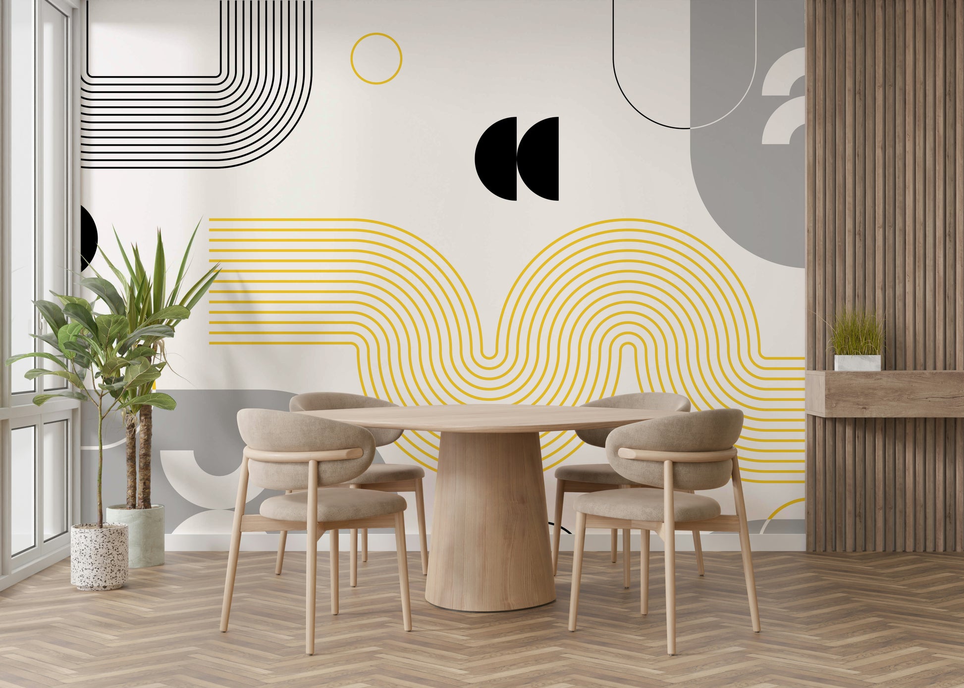 Geometric Mural in Yellow and Gray Tones

