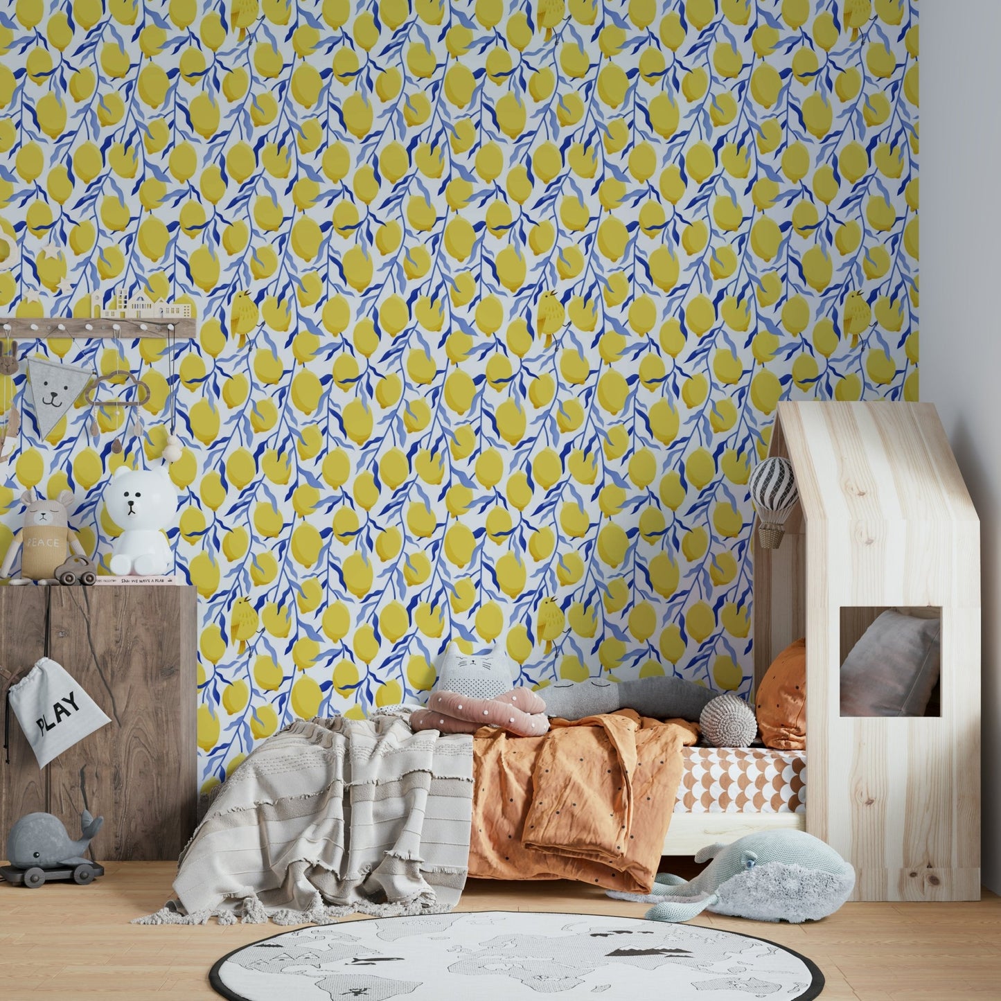 Cheerful yellow bird and fruit pattern

