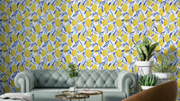 Yellow bird mural wallpaper with lemons


