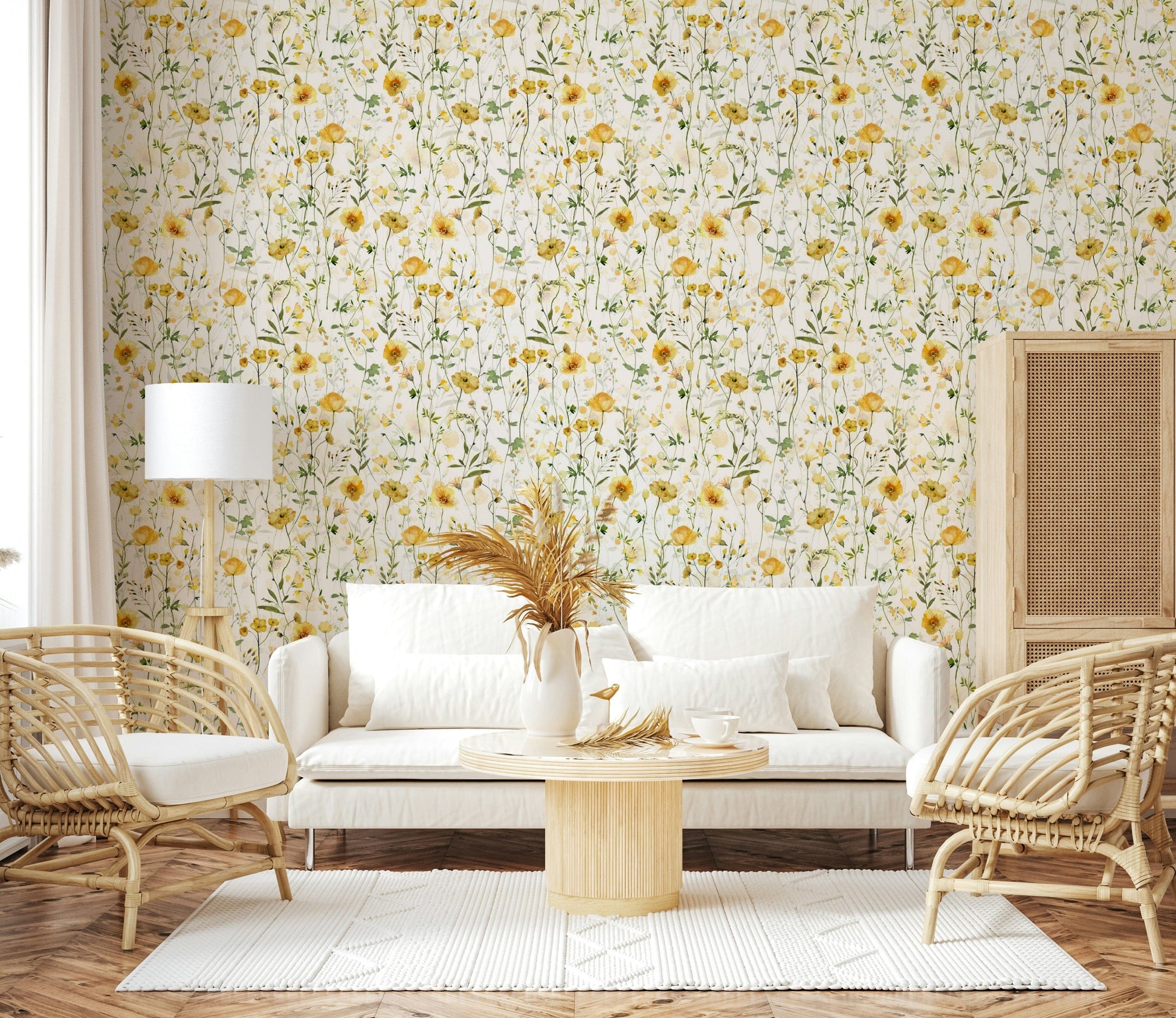 Dainty Golden Meadow Blooms, artistic yellow and green nature mural.