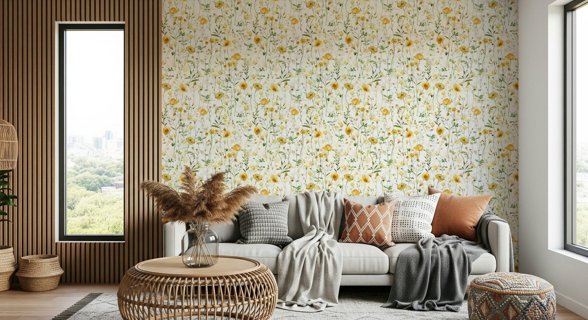 Golden Meadow Blooms wallcovering, airy meadow scene with tiny blossoms.