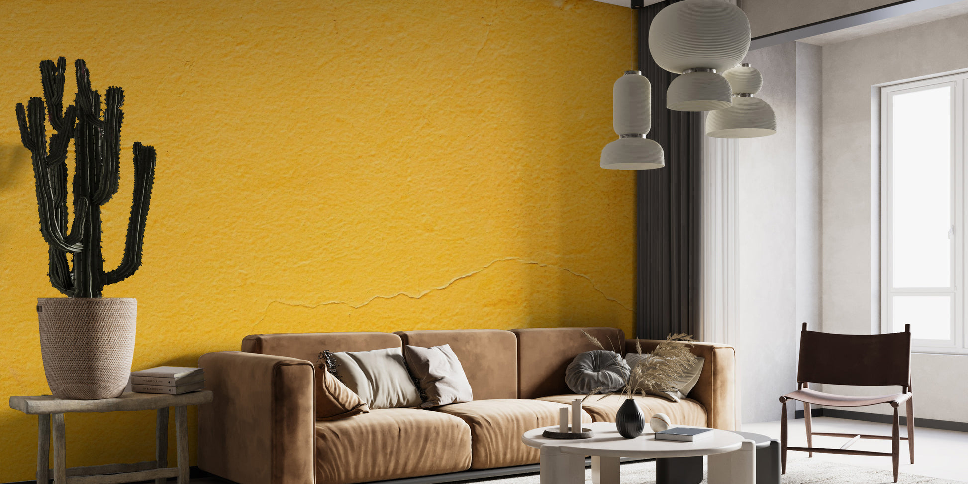 Minimalist pale yellow wall mural in a modern home office.