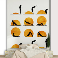 Features a stylized sun, possibly with human figures in yoga poses or abstract representations of energy/chakras.
