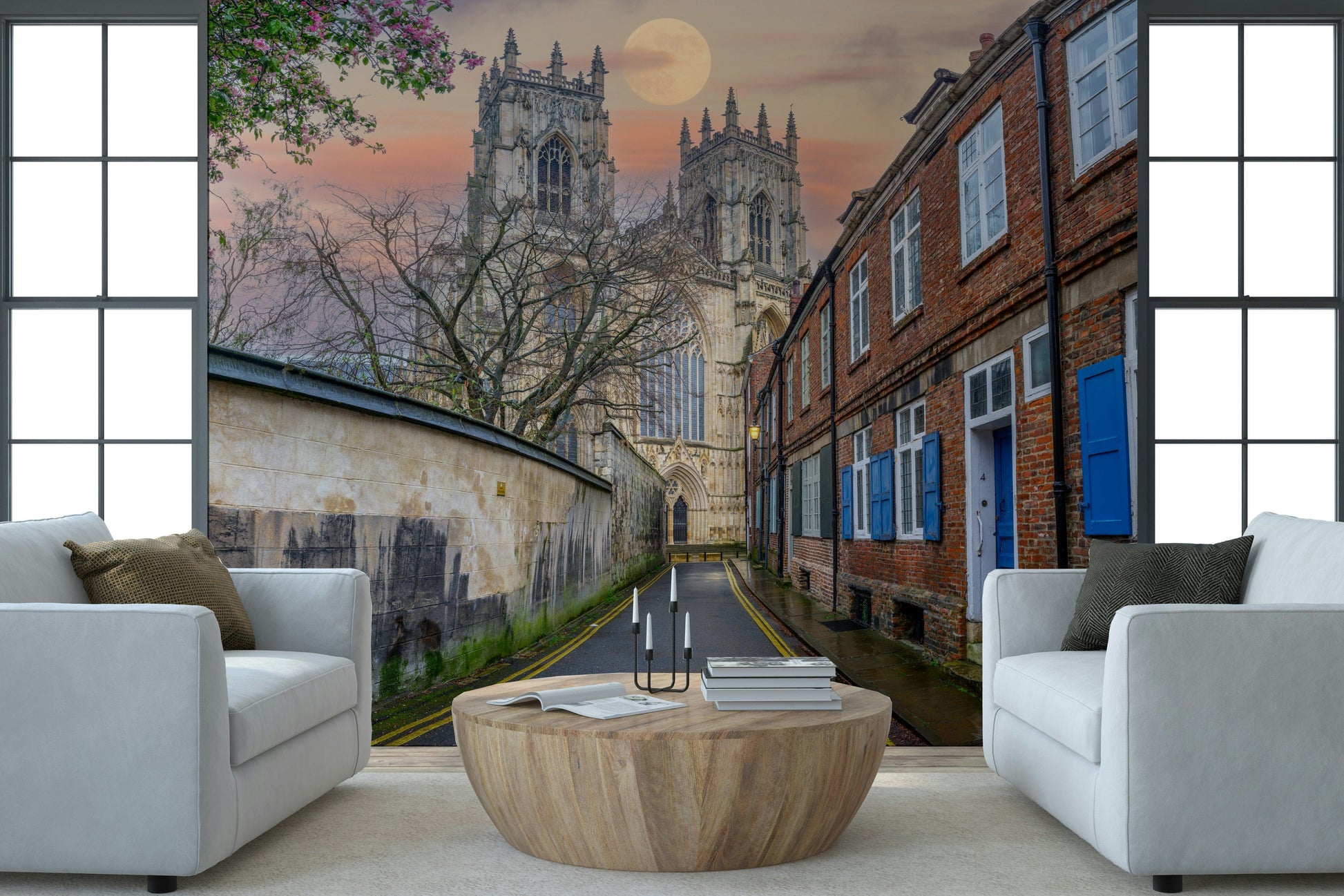 Bedroom wall decor with York Minster moonlight mural, calm navy and silver