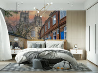 York Minster cathedral wall mural in modern apartment lounge, night sky glow
