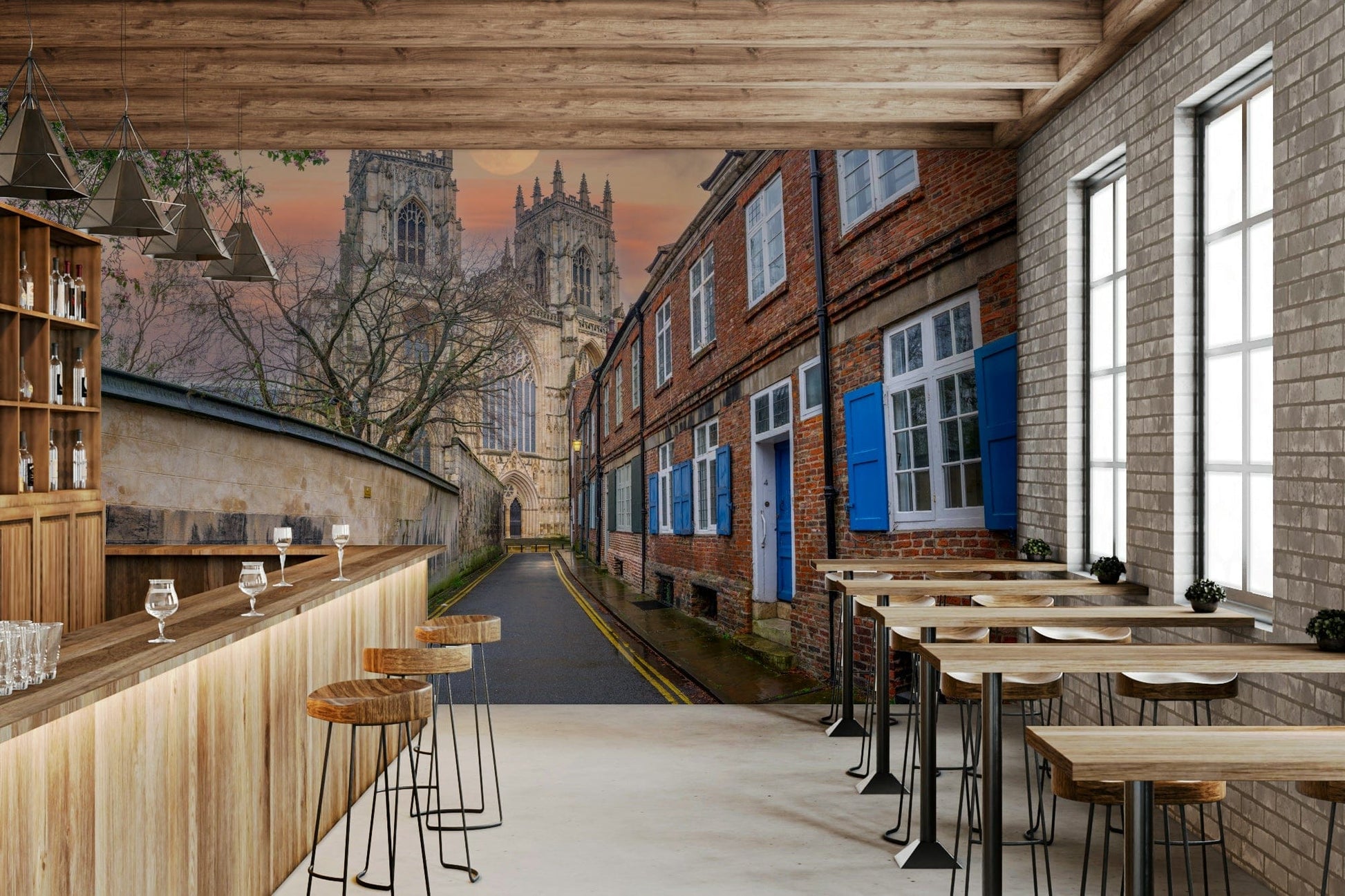 York Minster's Moonlight Glow Wall Mural behind sofa, modern apartment setup