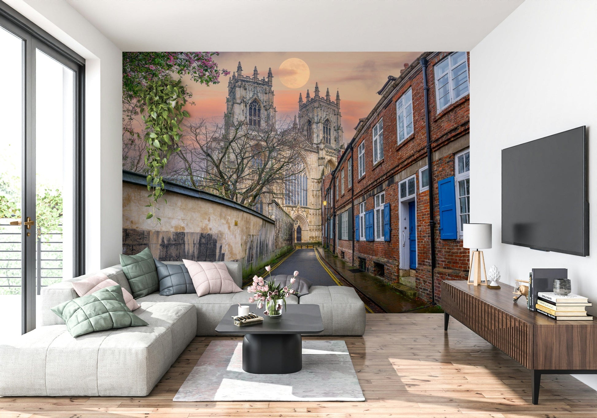 Hallway wall decor with York Minster night mural, stone detail and dark sky