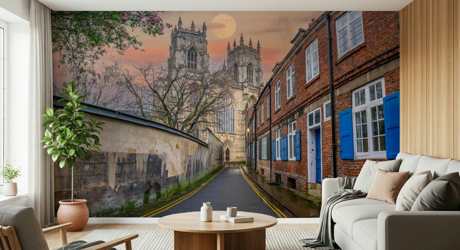 Reading nook wall with moonlit York Minster mural, cool color palette