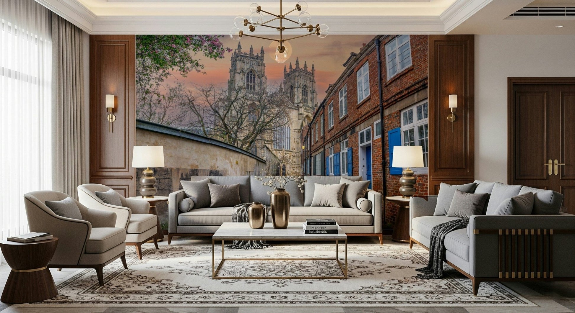 Accent wall mural of York Minster under moonlight, modern decor, deep blues