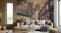 Minimal living room with York Minster mural wallpaper, moon glow and shadows