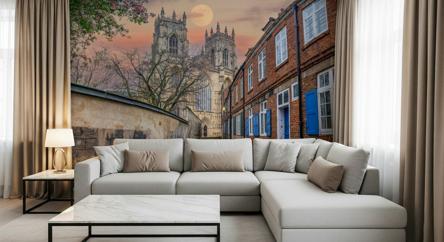 Moonlit York Minster mural on living room feature wall, cool blue tones