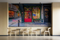 Features a detailed and inviting depiction of a charming shopfront, suggesting a historic European city like York.
