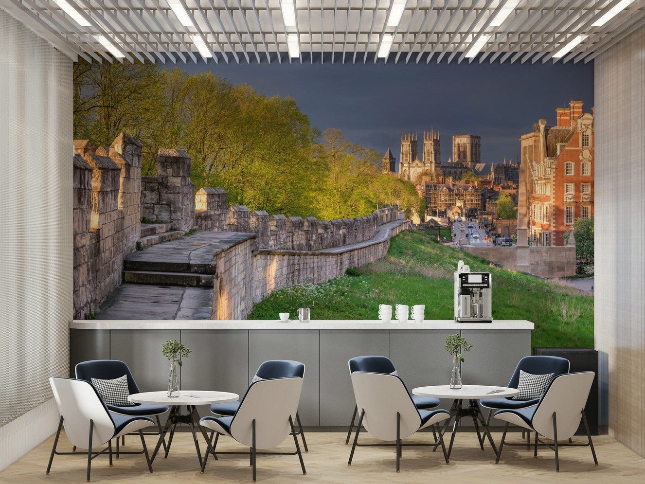 A beautiful classic living room with a stone wall mural.

