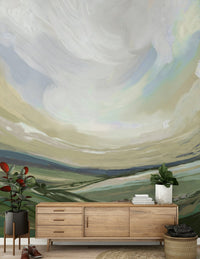 Large landscape wall decor showing the English countryside in a modern apartment.