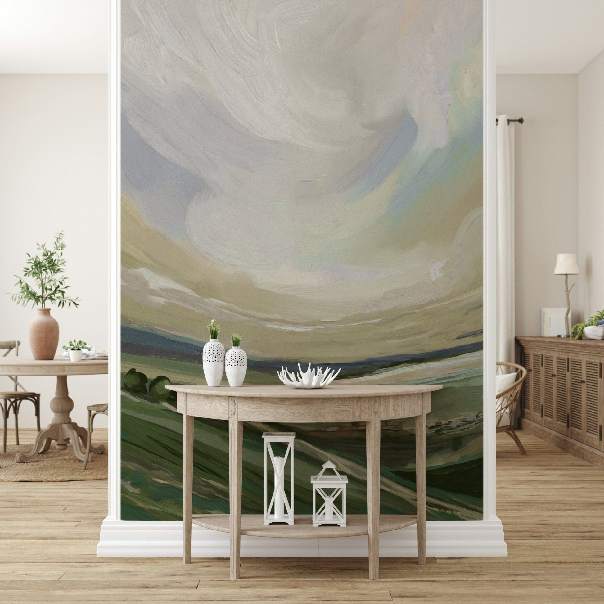 Oil painting style wallpaper featuring green rolling hills for a master bedroom.