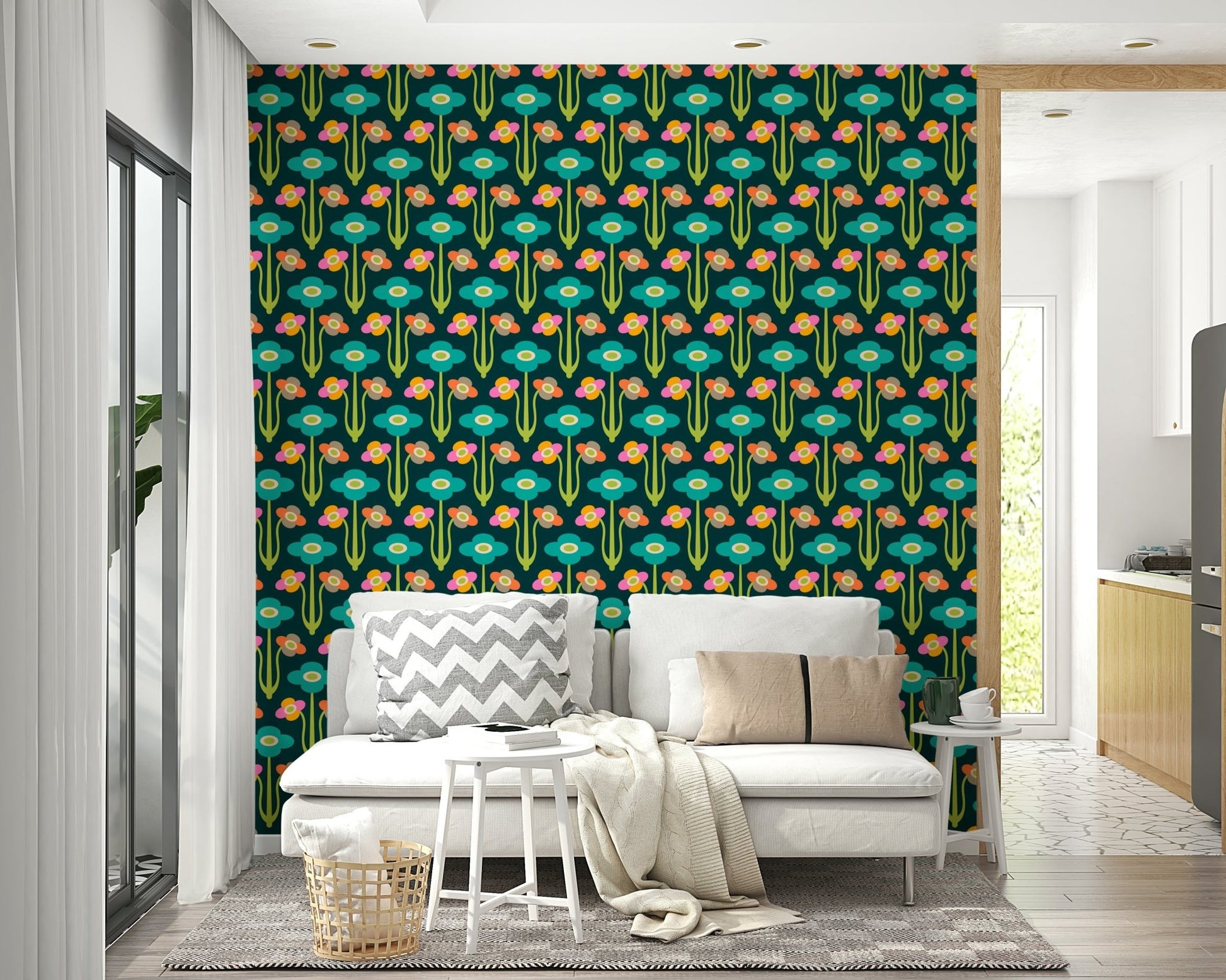 Stylized floral and leaf patterns in rainbow colors on a dark green wall.

