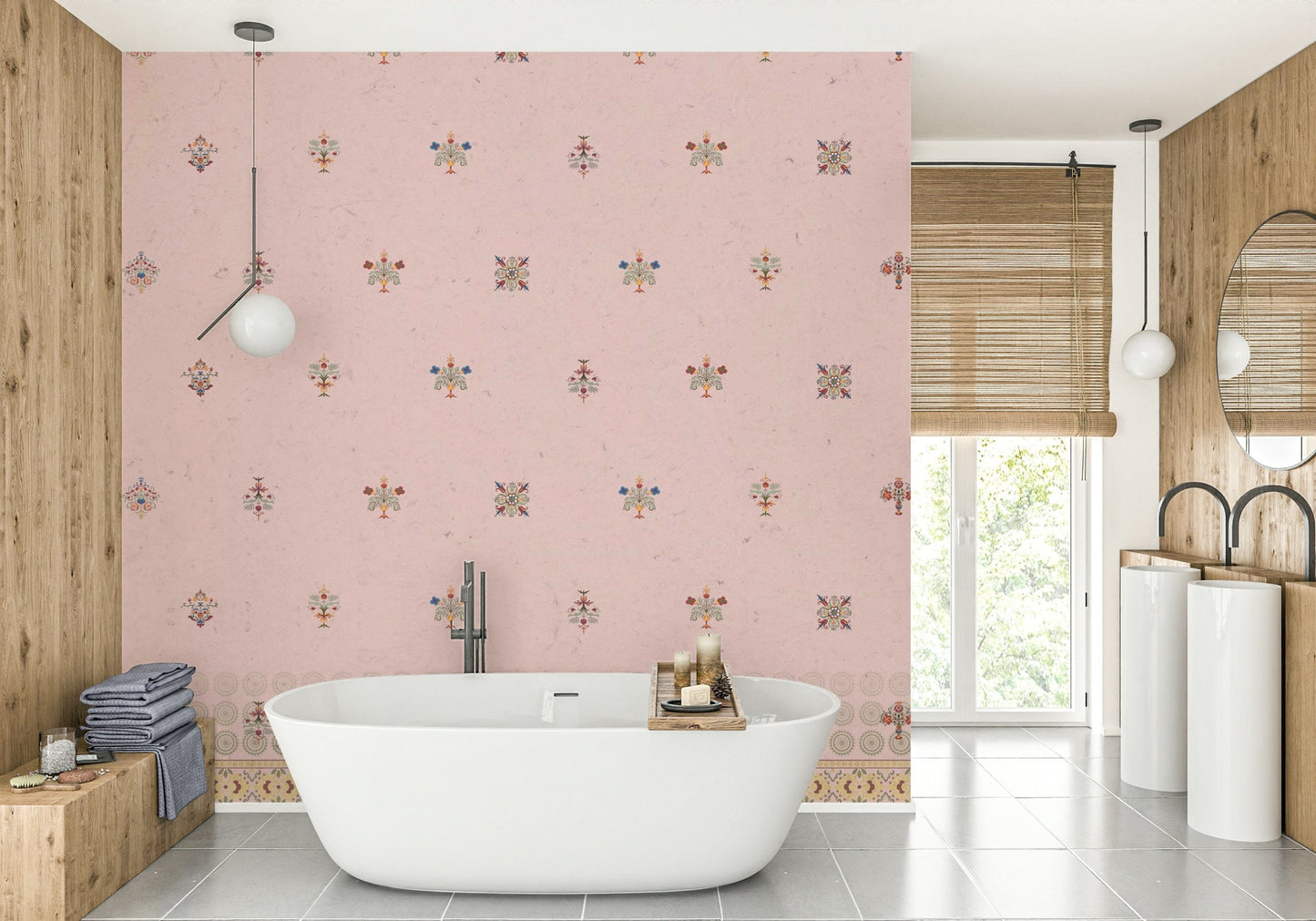 Scenic wallpaper with cartoon shapes and colors

