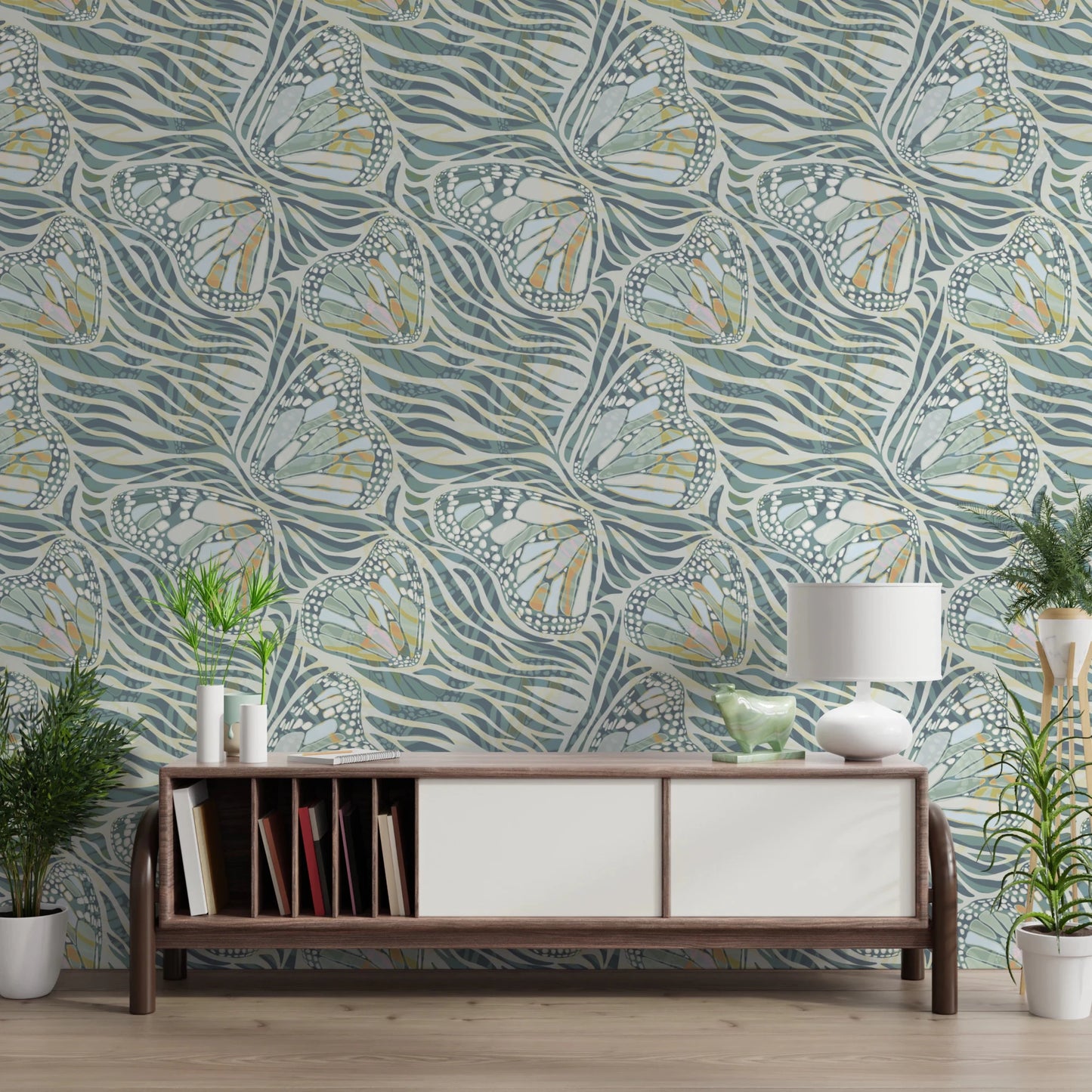 Zebra Butterfly Bloom • Maximalist Boho in Green Pastels Wallpaper⁠
