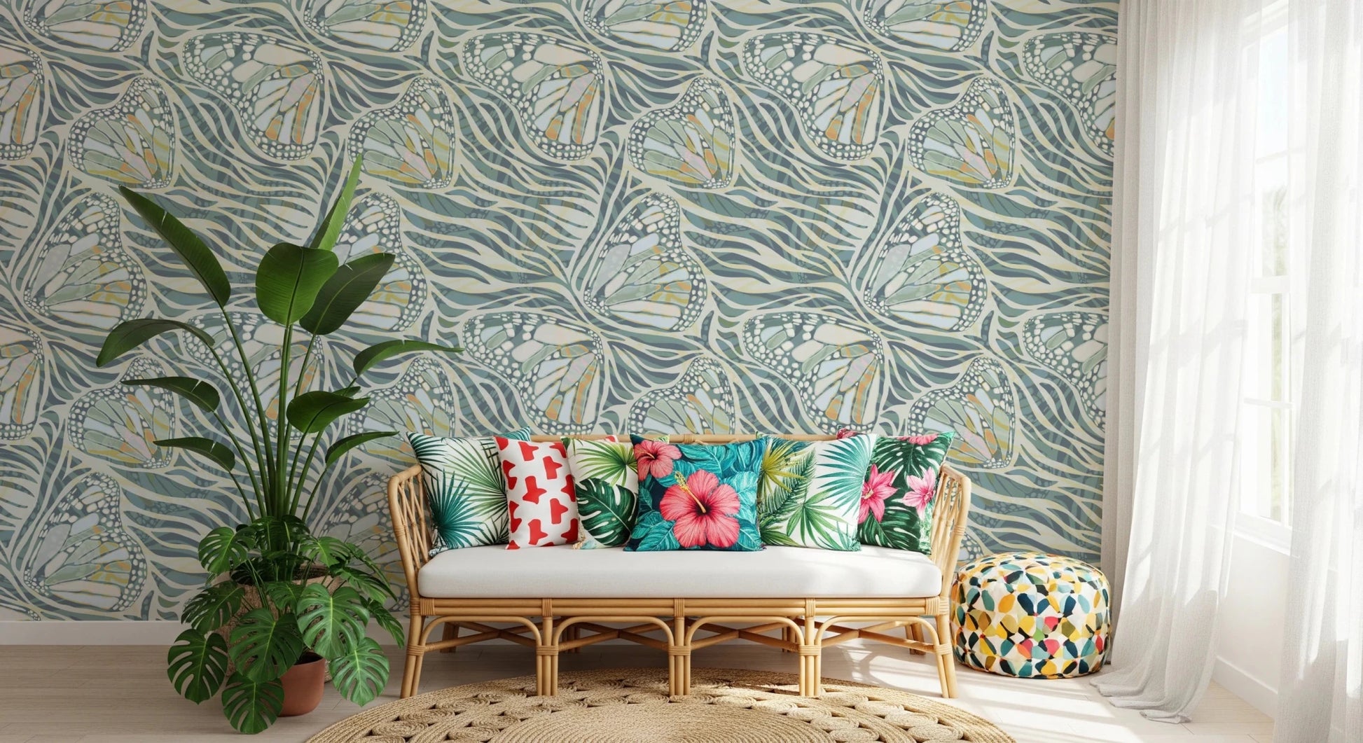 Zebra Butterfly Bloom • Maximalist Boho in Green Pastels Wallpaper⁠