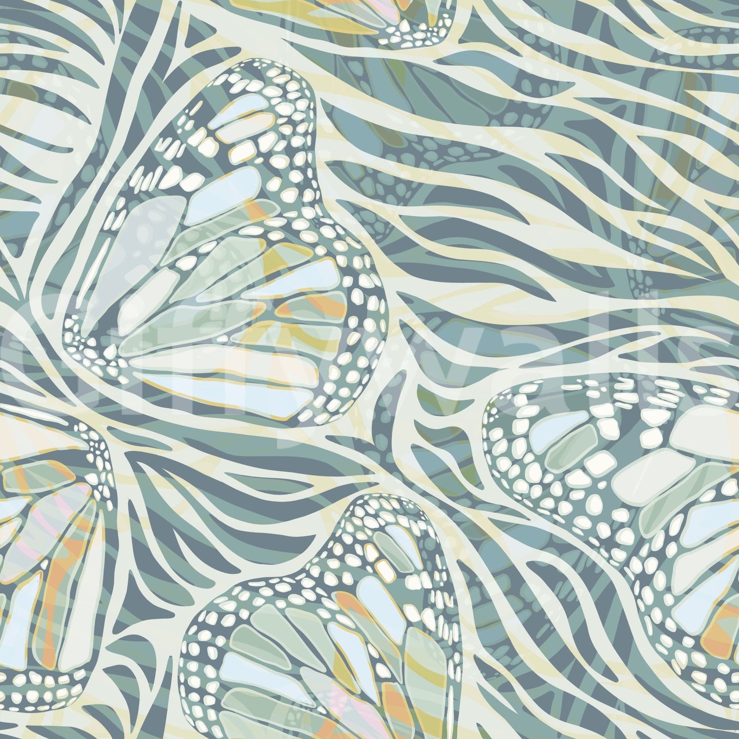 Zebra Butterfly Bloom • Maximalist Boho in Green Pastels Wallpaper⁠