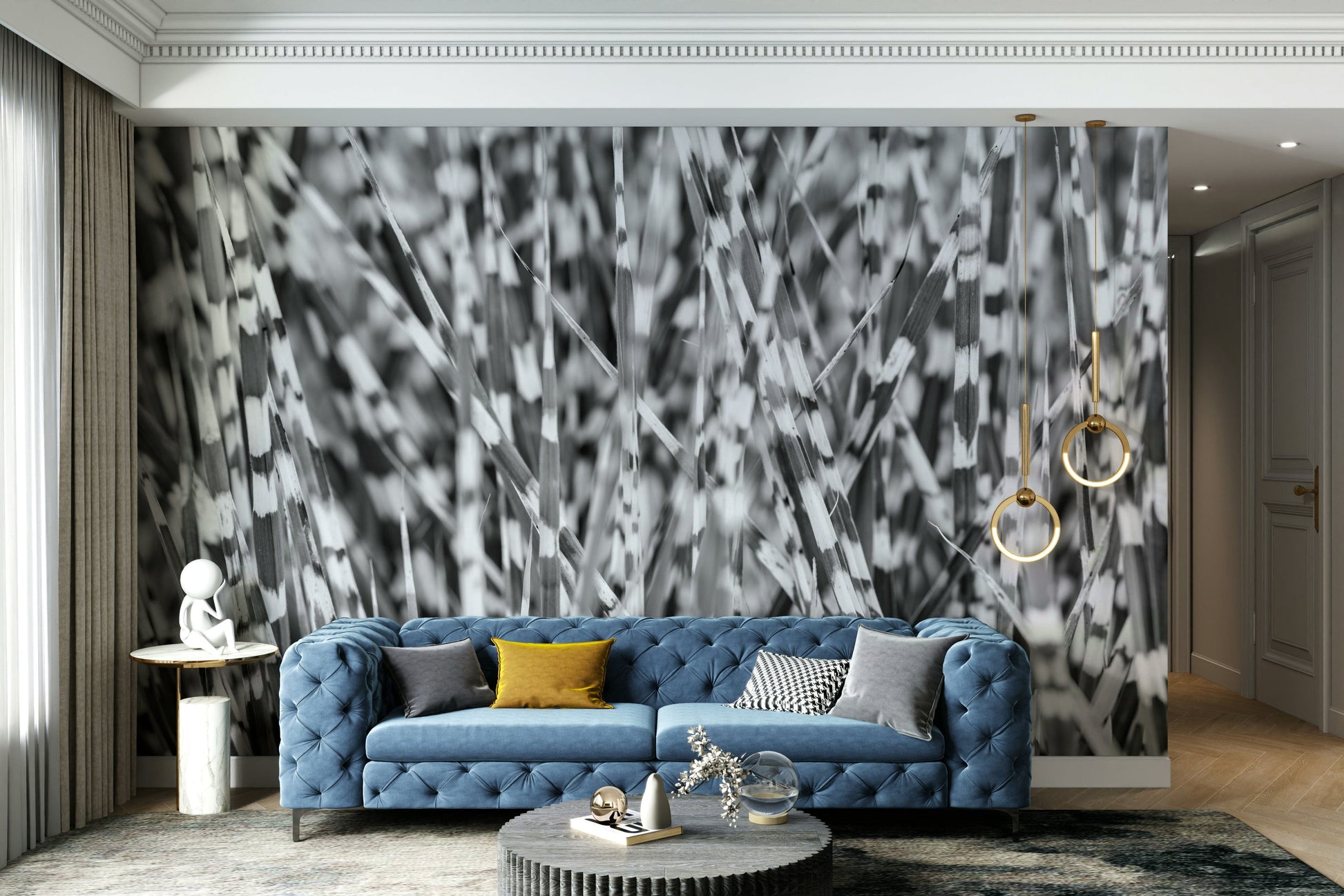 A beautiful monochrome zebra wallpaper mural with grass detail.

